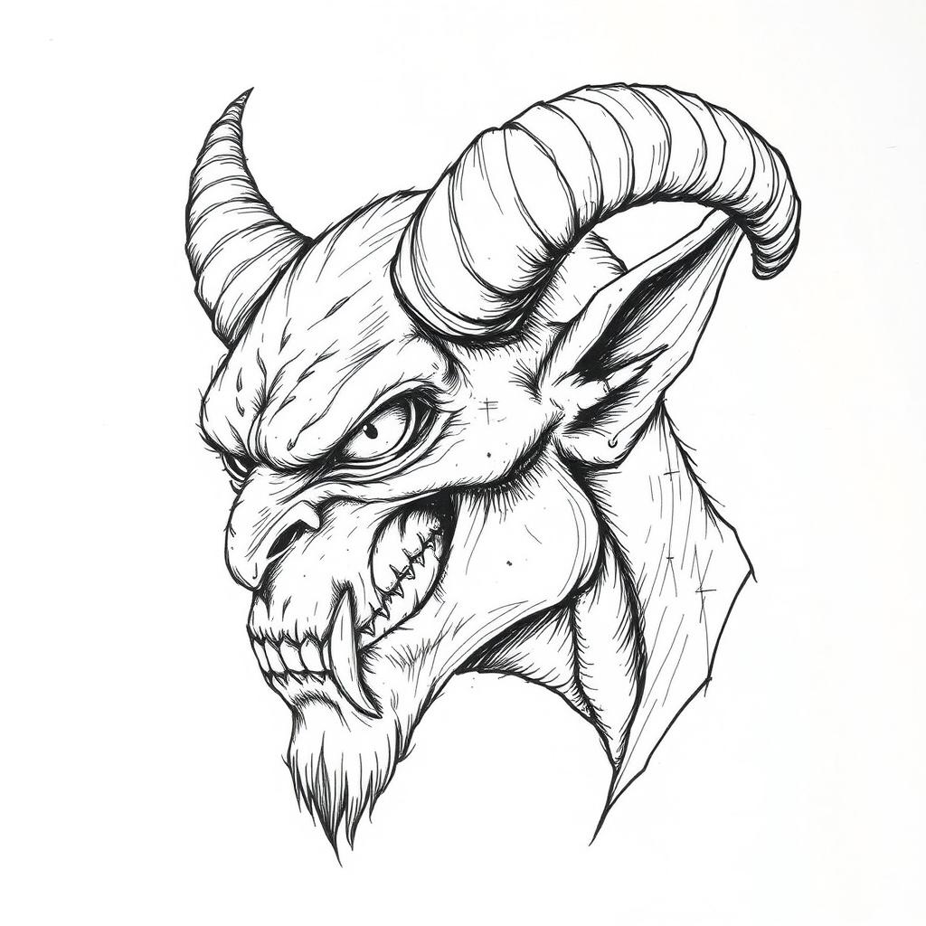 A ballpoint pen sketch of a demon's head with one horn cut off