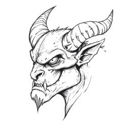 A ballpoint pen sketch of a demon's head with one horn cut off