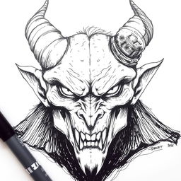 A ballpoint pen sketch of a demon's head with one horn cut off