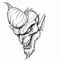 A ballpoint pen sketch of a demon's head with one horn cut off