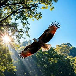 A majestic eagle soaring over a dense forest, with sunlight filtering through the leaves creating beautiful patterns of light and shadow on the forest floor