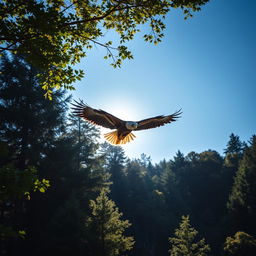 A majestic eagle soaring over a dense forest, with sunlight filtering through the leaves creating beautiful patterns of light and shadow on the forest floor