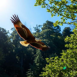 A majestic eagle soaring over a dense forest, with sunlight filtering through the leaves creating beautiful patterns of light and shadow on the forest floor