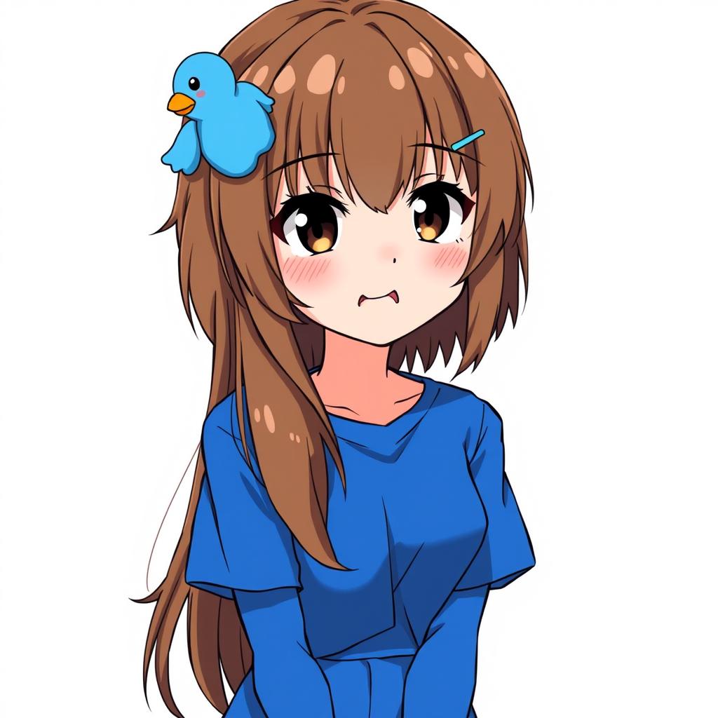 Anime-style illustration of a girl with a mullet hairstyle featuring loose brown hair and a playful blue duck hair clip