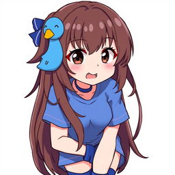 Anime-style illustration of a girl with a mullet hairstyle featuring loose brown hair and a playful blue duck hair clip