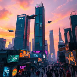 A futuristic cyberpunk cityscape at sunset, with neon lights illuminating skyscrapers