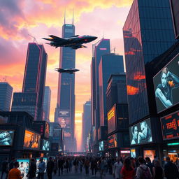 A futuristic cyberpunk cityscape at sunset, with neon lights illuminating skyscrapers