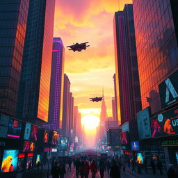 A futuristic cyberpunk cityscape at sunset, with neon lights illuminating skyscrapers