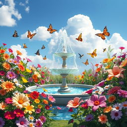 A whimsical scene featuring a lush, vibrant garden filled with blooming flowers of various colors and types