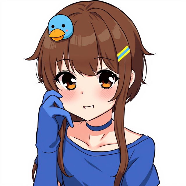 Anime-style illustration of a girl with brown loose hair styled into a mullet, highlighted by a cute blue duck hair clip