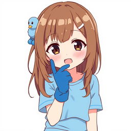 Anime-style illustration of a girl with brown loose hair styled into a mullet, highlighted by a cute blue duck hair clip