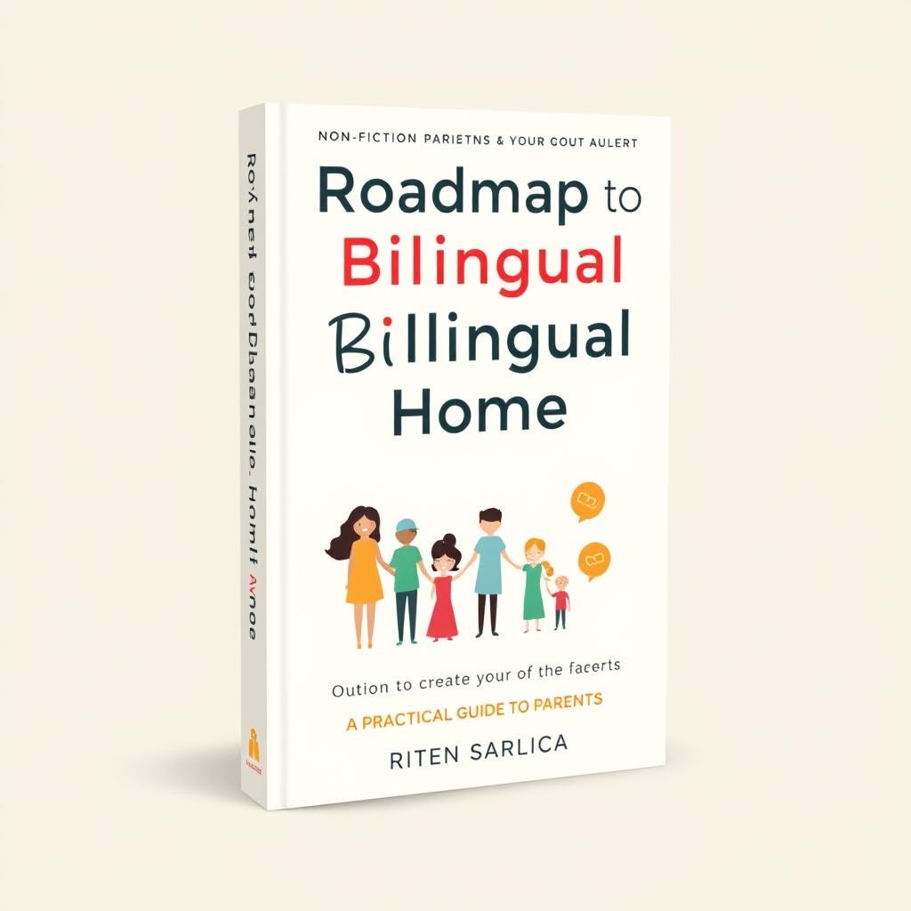 A modern, graphic, and minimalist book cover design for a non-fiction parenting book titled 'Roadmap to your Bilingual Home: A Practical Guide for Parents'