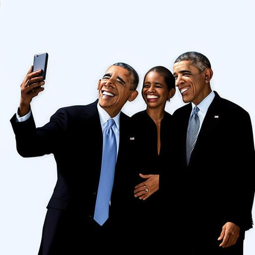 An animated selfie capturing a joyful moment with Barack Obama and Joe Biden, set in a nondescript, neutral backdrop