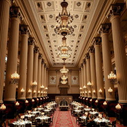 A grandiose dining hall in classicist style, featuring tall and elegant columns supporting a high ceiling adorned with ornate chandeliers