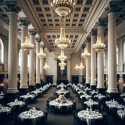 A grandiose dining hall in classicist style, featuring tall and elegant columns supporting a high ceiling adorned with ornate chandeliers