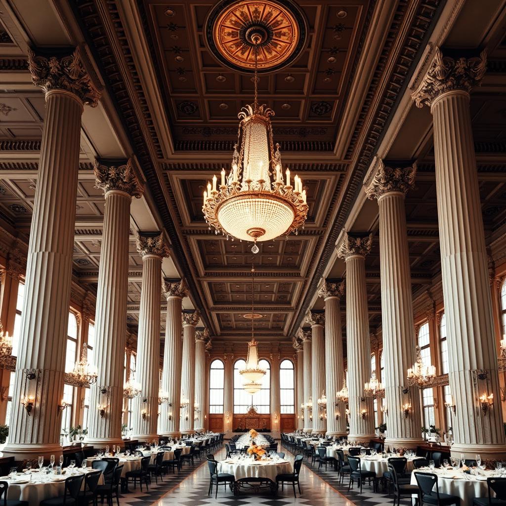 A grandiose dining hall in classicist style, featuring tall and elegant columns supporting a high ceiling adorned with ornate chandeliers