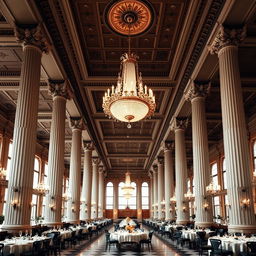 A grandiose dining hall in classicist style, featuring tall and elegant columns supporting a high ceiling adorned with ornate chandeliers