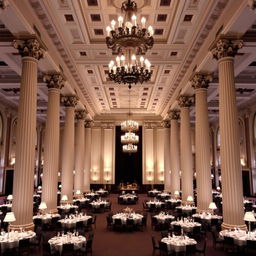 A grandiose dining hall in classicist style, featuring tall and elegant columns supporting a high ceiling adorned with ornate chandeliers