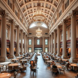 A grandiose dining hall designed for students in a camping place, blending classicist style with a relaxed atmosphere
