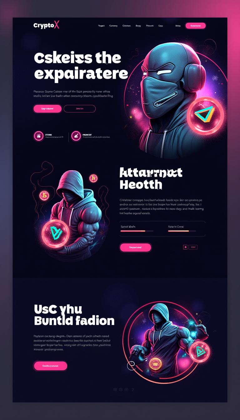 A vibrant and eye-catching landing page design for a hypothetical product, Crypto X Supplement, featuring bold and modern typography, sleek, futuristic graphics, and a mix of dark and neon colors