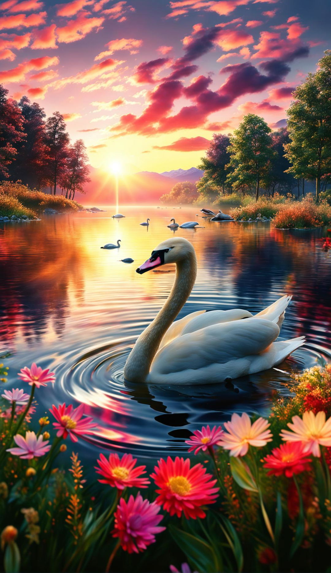 A hyper-realistic, ultra-high-definition photograph of a serene landscape at sunset, with a tranquil lake reflecting pastel skies, a majestic swan gliding across the water, a lush forest on one side and a vibrant meadow on the other.