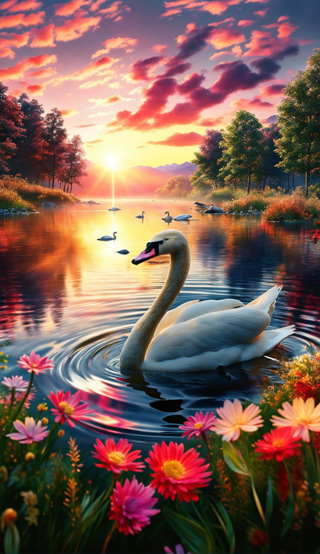 A hyper-realistic, ultra-high-definition photograph of a serene landscape at sunset, with a tranquil lake reflecting pastel skies, a majestic swan gliding across the water, a lush forest on one side and a vibrant meadow on the other.