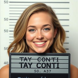 Tay Conti smiling cheerfully in a mugshot format, capturing her radiant expression with a straightforward and clean background