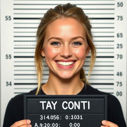 Tay Conti smiling cheerfully in a mugshot format, capturing her radiant expression with a straightforward and clean background