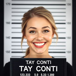 Tay Conti smiling cheerfully in a mugshot format, capturing her radiant expression with a straightforward and clean background