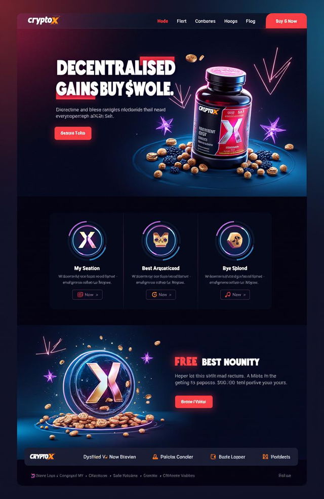 A dynamic and visually striking landing page for a hypothetical product, Crypto X Supplement, with prominent bold text: "Decentralised Gains