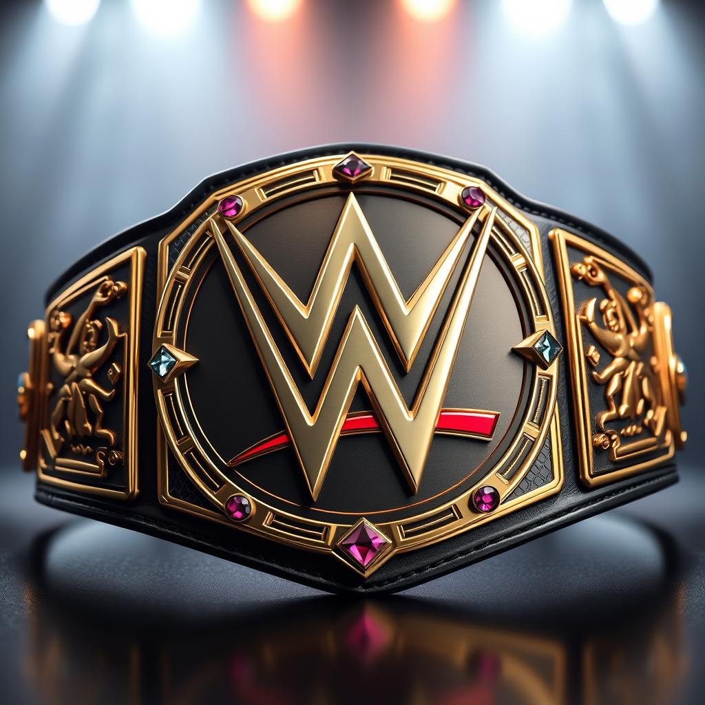 A newly designed WWE championship belt, featuring an intricate design with bold elements