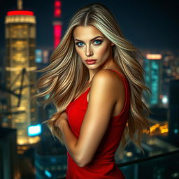 A striking image of an alluring woman with flowing, luscious blonde hair cascading down her shoulders, dressed in a form-fitting red dress that accentuates her curves