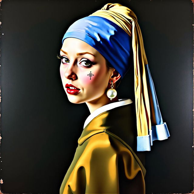 A modern and humorous reinterpretation of the famous painting "Girl with a Pearl Earring" by Johannes Vermeer, featuring a young Australian woman characterized as "bogan" style