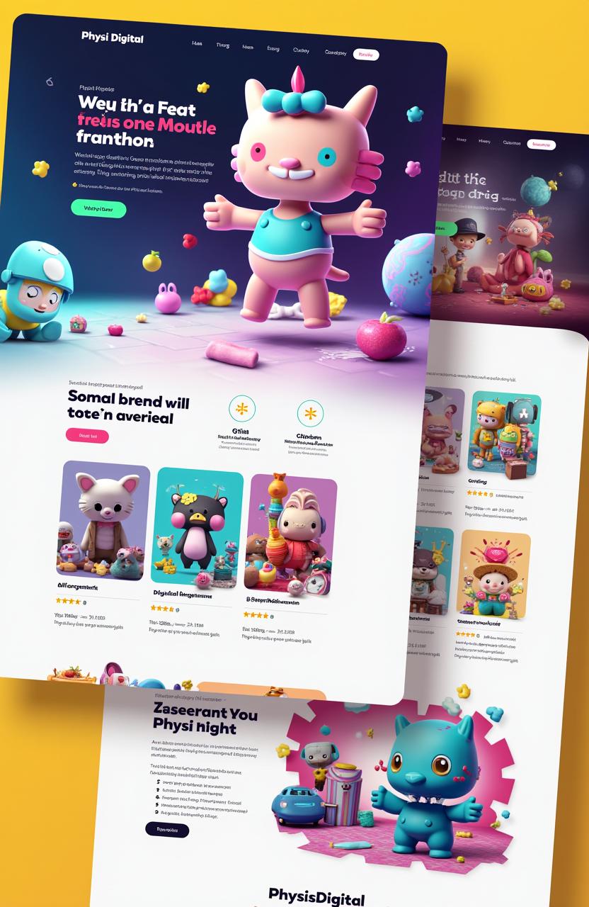 A vibrant and playful landing page design for "Physi Digital," featuring an exciting blend of NFT and toy elements