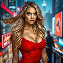 A captivating image of an enticing woman with flowing, luscious blonde hair cascading down her shoulders, dressed in a sleek, form-fitting red dress accentuating her curves and exuding confidence