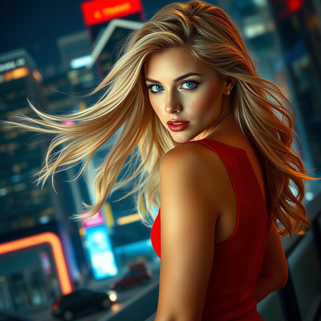 A captivating image of an enticing woman with flowing, luscious blonde hair cascading down her shoulders, dressed in a sleek, form-fitting red dress accentuating her curves and exuding confidence