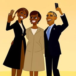 An animated selfie capturing a joyful moment with Barack Obama and Joe Biden, set in a nondescript, neutral backdrop