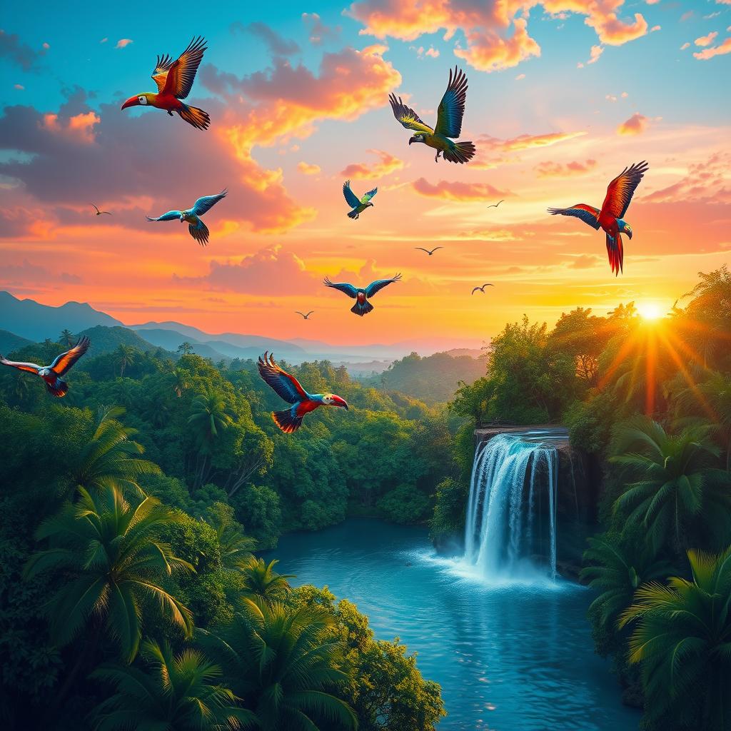 A realistic, highly detailed digital painting of a vibrant tropical landscape at sunset, featuring a variety of colorful exotic birds such as macaws, toucans, and parrots flying across the sky