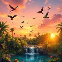 A realistic, highly detailed digital painting of a vibrant tropical landscape at sunset, featuring a variety of colorful exotic birds such as macaws, toucans, and parrots flying across the sky