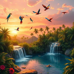 A realistic, highly detailed digital painting of a vibrant tropical landscape at sunset, featuring a variety of colorful exotic birds such as macaws, toucans, and parrots flying across the sky