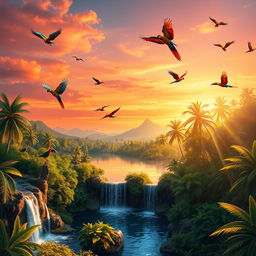 A realistic, highly detailed digital painting of a vibrant tropical landscape at sunset, featuring a variety of colorful exotic birds such as macaws, toucans, and parrots flying across the sky