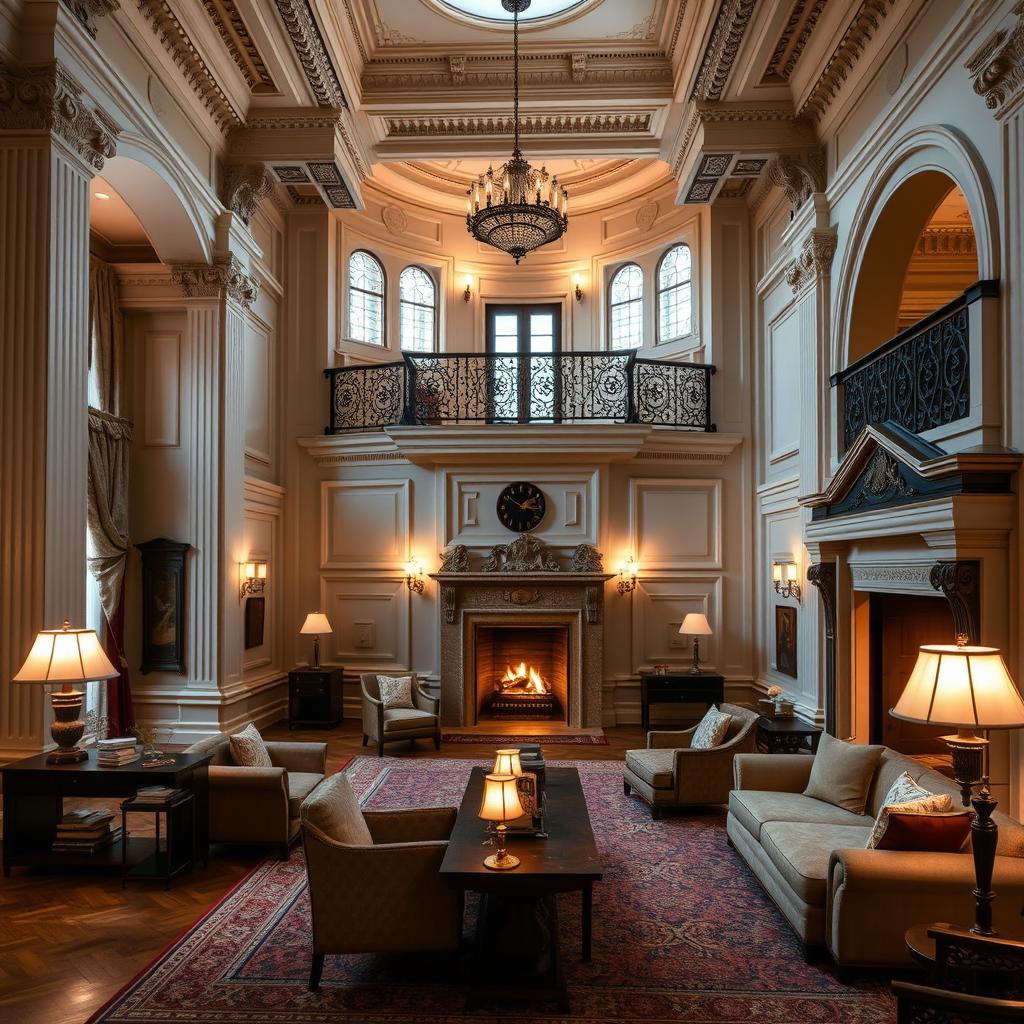 Luxurious guest suites featuring elegant balconies and cozy fireplaces, adorned with classical furnishings