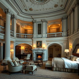 Luxurious guest suites featuring elegant balconies and cozy fireplaces, adorned with classical furnishings
