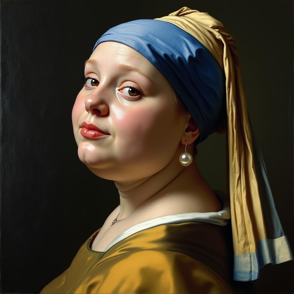 A greasy and morbidly obese reinterpretation of the classic "Girl with the Pearl Earring" painting