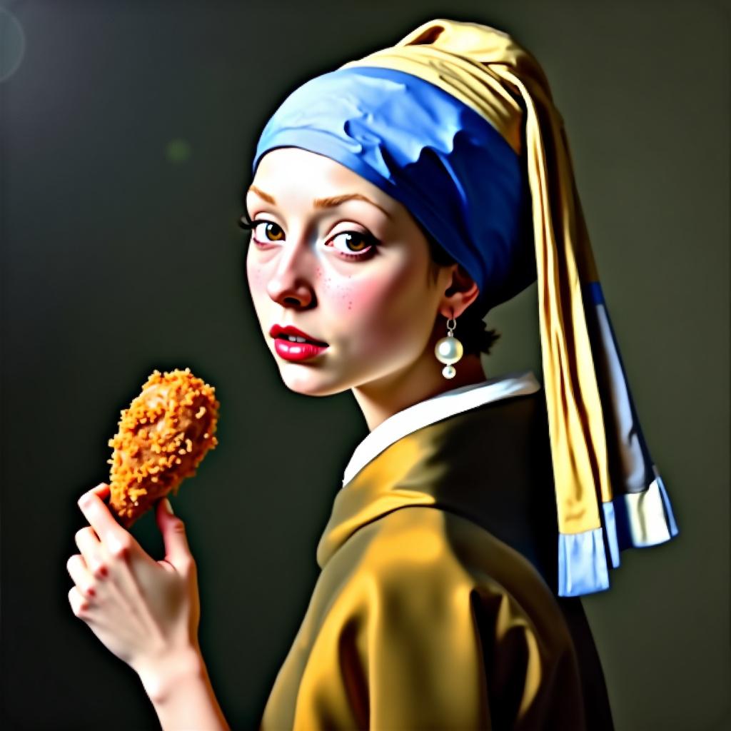 A modern take on the classic 'Girl with a Pearl Earring' featuring an American trailer trash theme