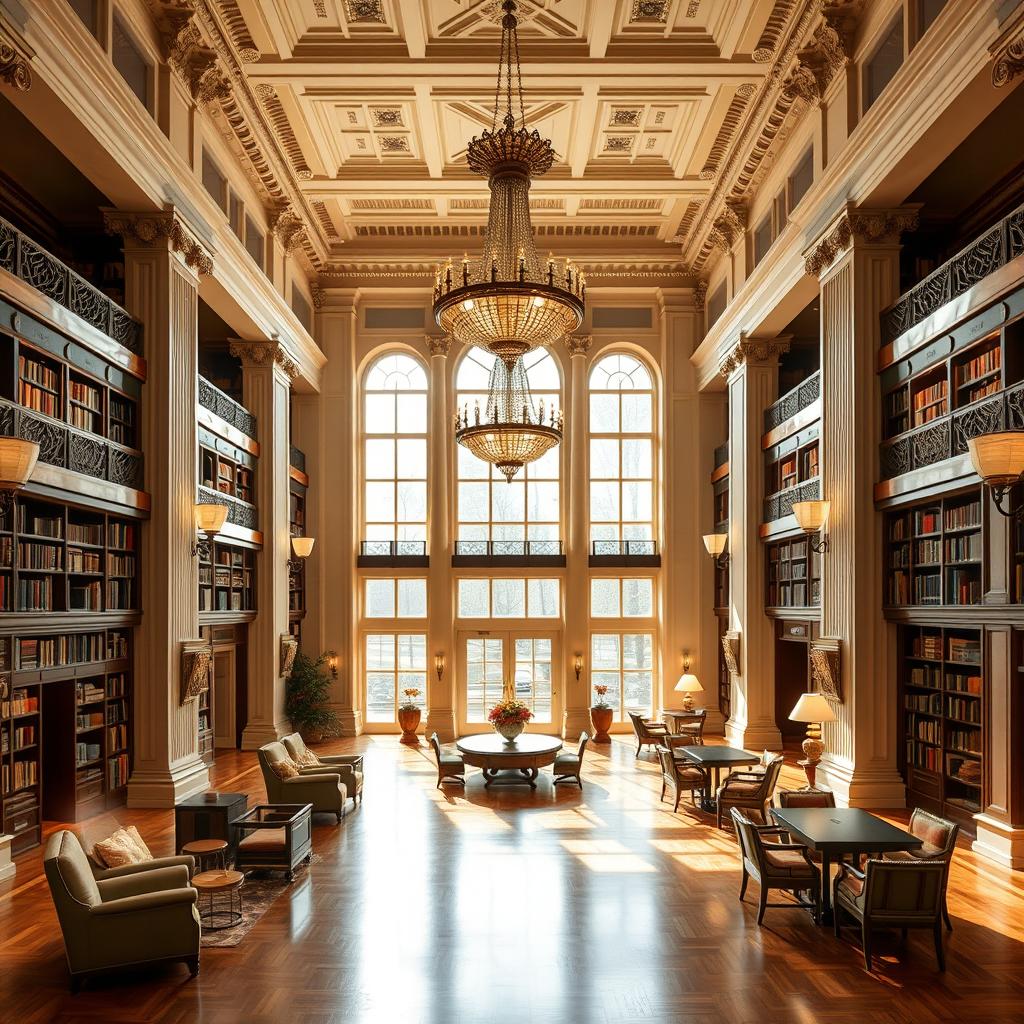 A grand lobby designed with classicist architecture, showcasing high ceilings, elegant columns, and luxurious decor