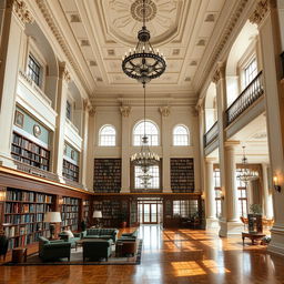 A grand lobby designed with classicist architecture, showcasing high ceilings, elegant columns, and luxurious decor