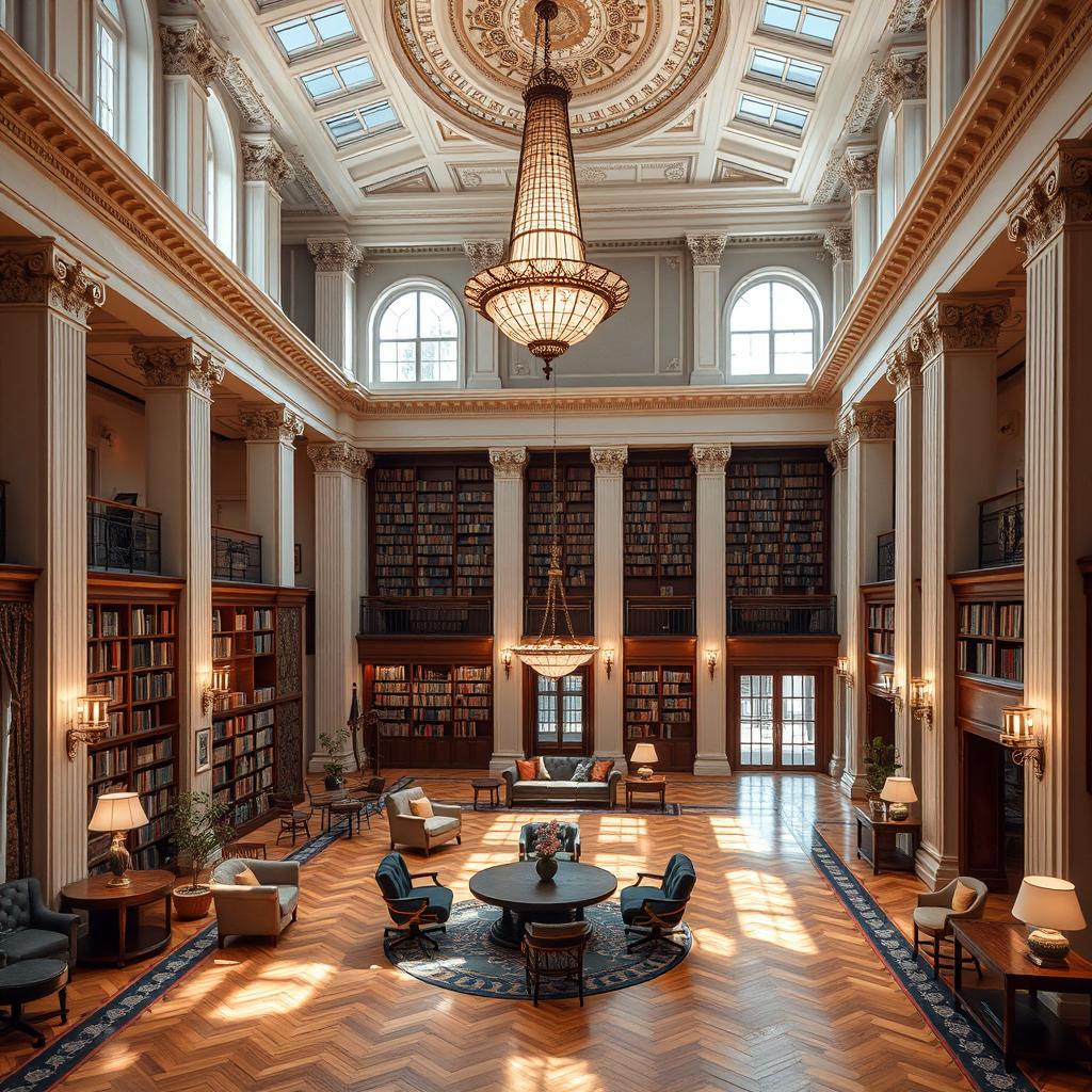 A grand lobby designed with classicist architecture, showcasing high ceilings, elegant columns, and luxurious decor