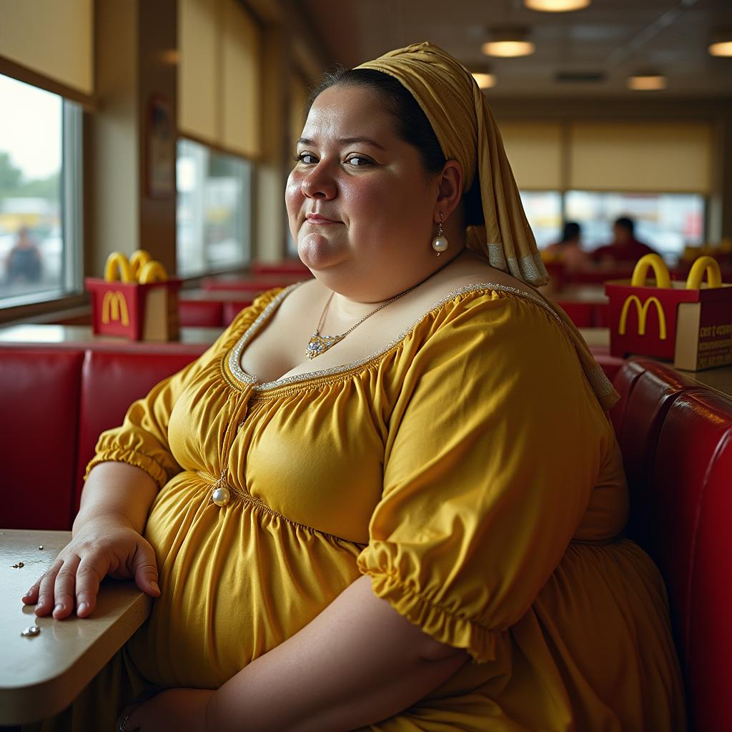 A greasy and morbidly obese reinterpretation of the classic "Girl with the Pearl Earring" painting, set in a modern-day McDonald's