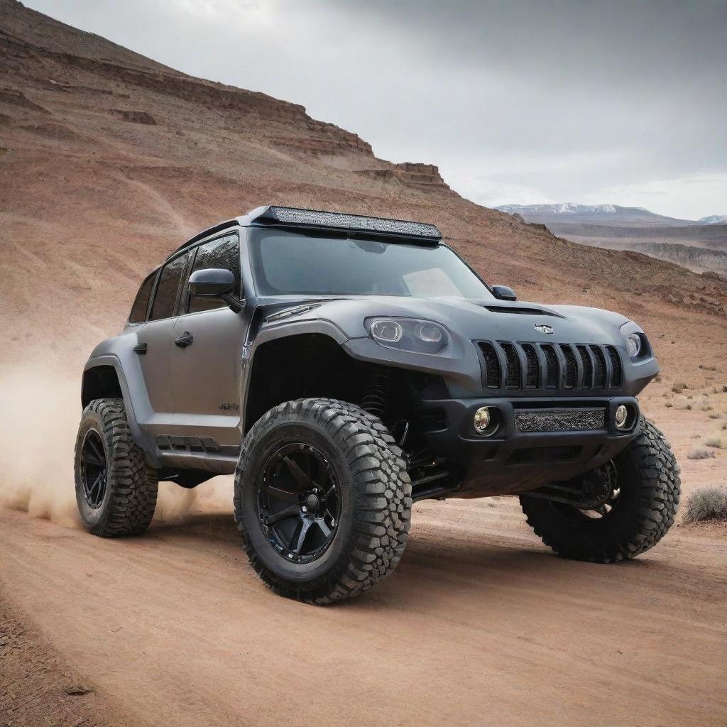 An adventurous fusion blending the extreme speed and intricate design of a Koenigsegg with the rugged durability and off-road capabilities of a Jeep.